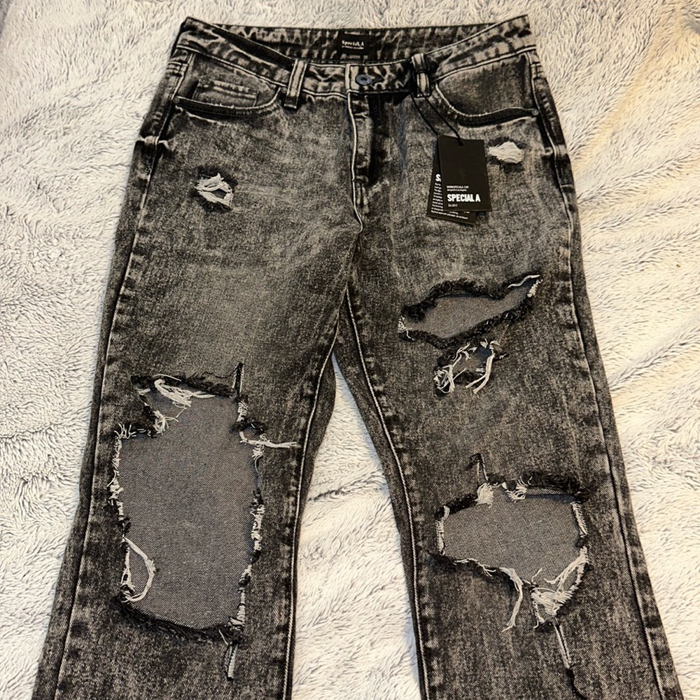Black Distressed Straight Leg Denim Jeans